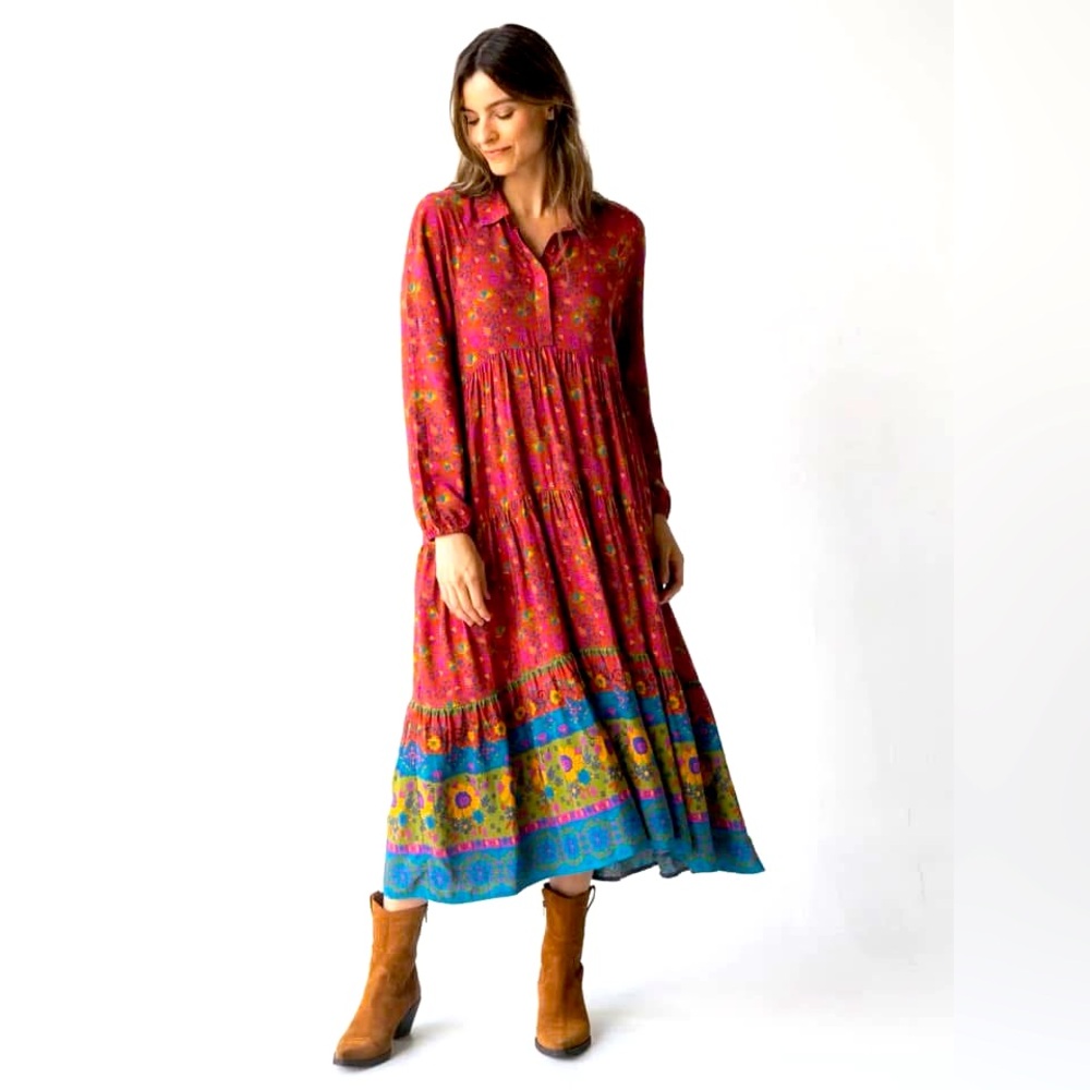 New wo Tags Rebecca Long Sleeve Midi Dress, Sunflowers & Red Clay, Natural Life
